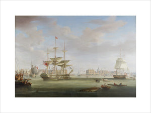 Oil on canvas painting entitled 'Thomas King Entering London Dock 1822-27, by William John Huggins (1781-1845).