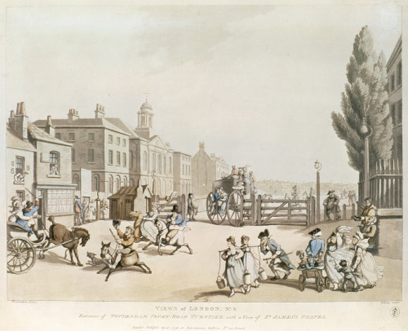 Entrance of Tottenham Court Road Turnpike, with a view of St James's Chapel: 1798