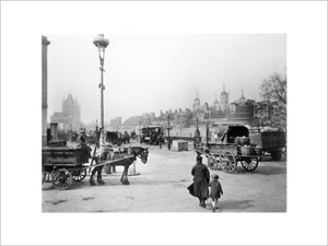 Street scene with tower of London in the distance: 20th century