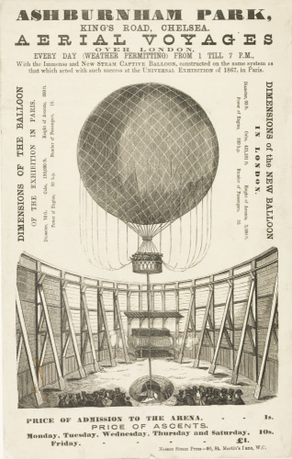 A poster advertising the 'New Steam Captive Balloon' 1868-1870
