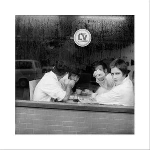Four men in a cafe in Smithfield Market. c.1965