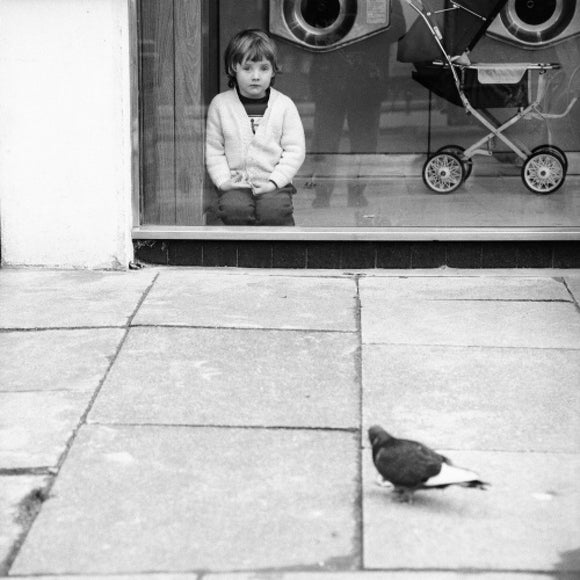Boy watching a pigeon in Boreham Wood c.1965