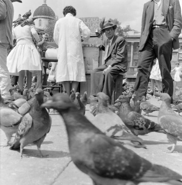 Crowds and pigeons in Trafalgar Square; 1960