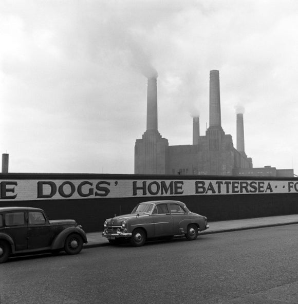 Two parked cars with Battersea Power Station in the background. c.1955